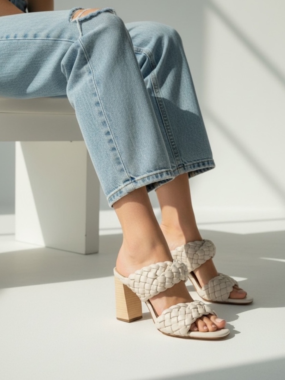 Steve Madden Cream/Tan Woven Strappy Block Heel Sandals - Cream